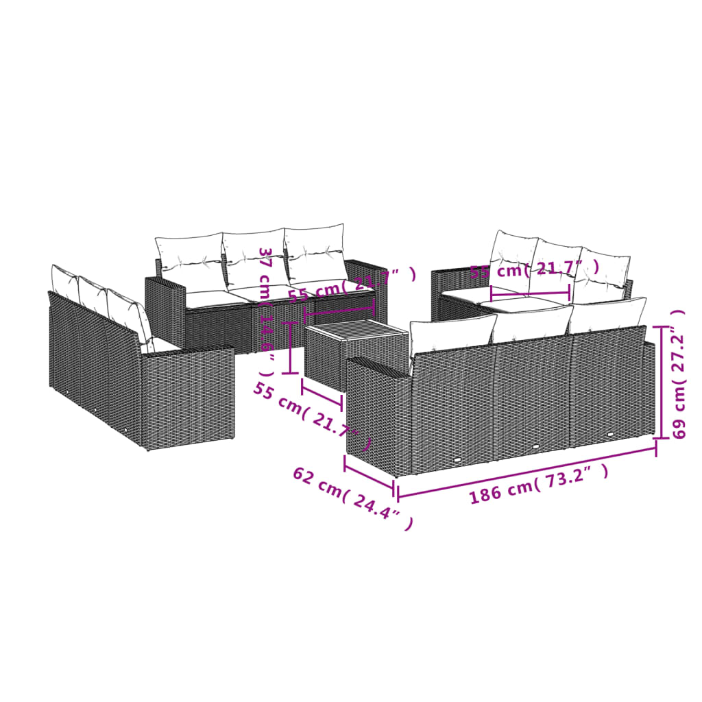 Set Divani da Giardino 13pz con Cuscini Nero in Polyrattan 3224054