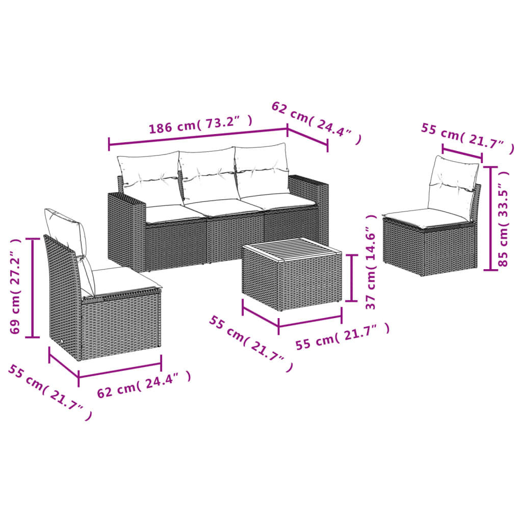 Set Divano da Giardino 6 pz con Cuscini Nero in Polyrattan 3224060