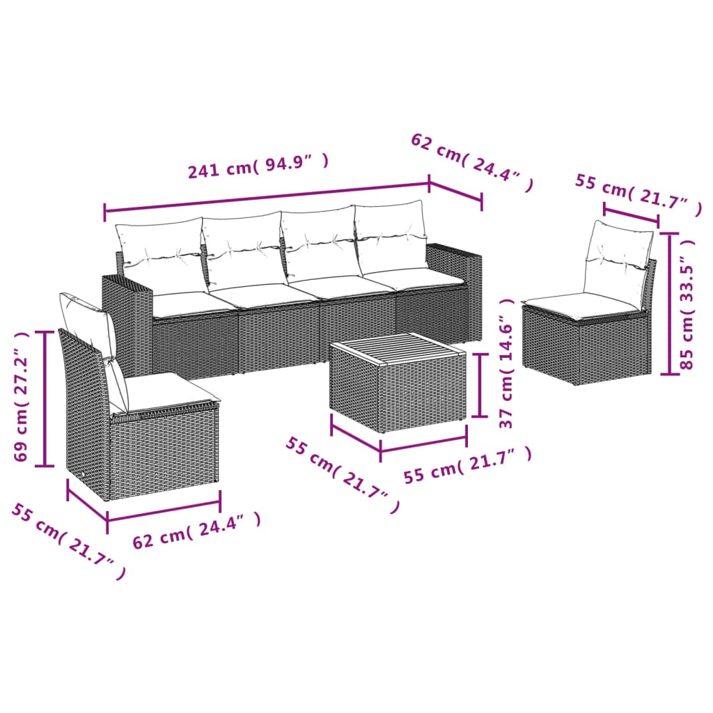 Set Divani da Giardino 7 pz con Cuscini Grigio in Polyrattan 3224072