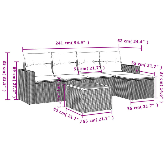 Set Divano da Giardino 6 pz con Cuscini Grigio in Polyrattan 3224100