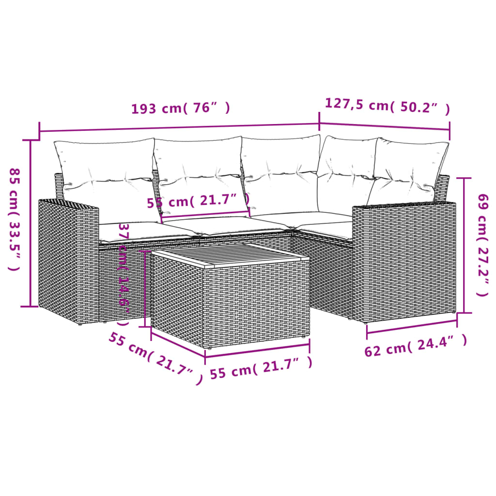 Set Divano da Giardino 5 pz con Cuscini Beige in Polyrattan 3224105