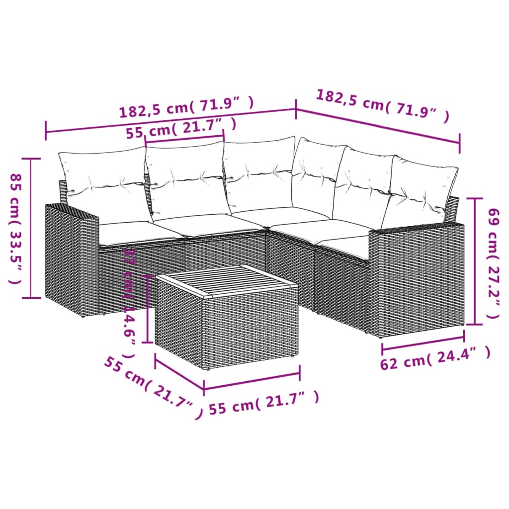 Set Divano da Giardino 6 pz con Cuscini Nero in Polyrattan 3224116