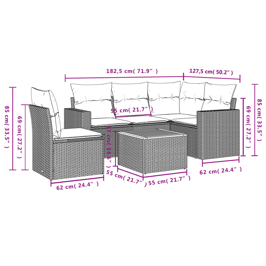 Set Divano da Giardino 6 pz con Cuscini Nero in Polyrattan 3224124