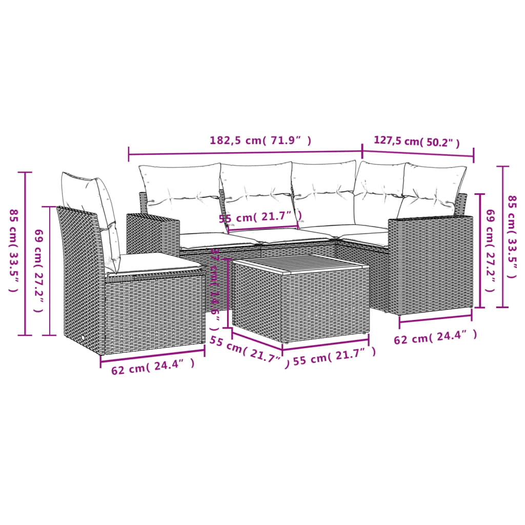 Set Divano da Giardino 6 pz con Cuscini Grigio in Polyrattan 3224128