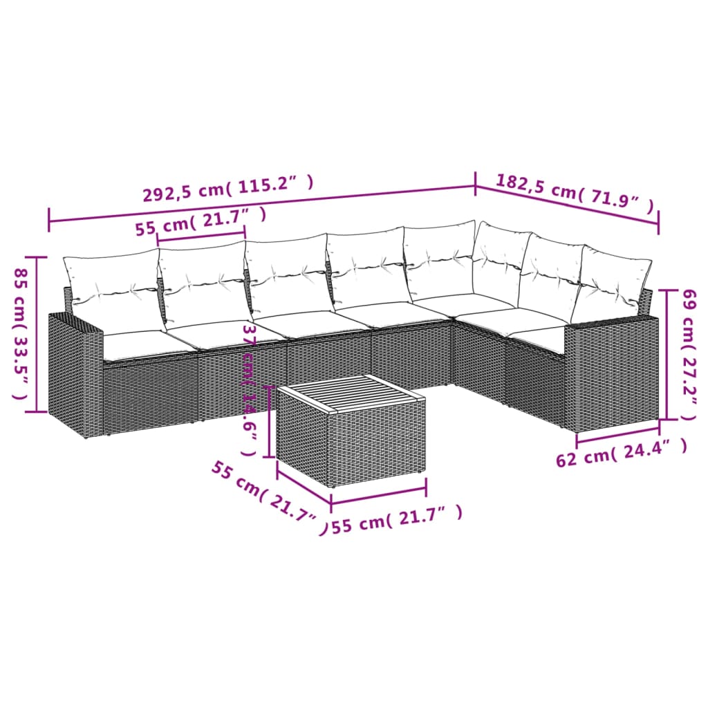 Set Divano da Giardino 8 pz con Cuscini Beige in Polyrattan 3224154