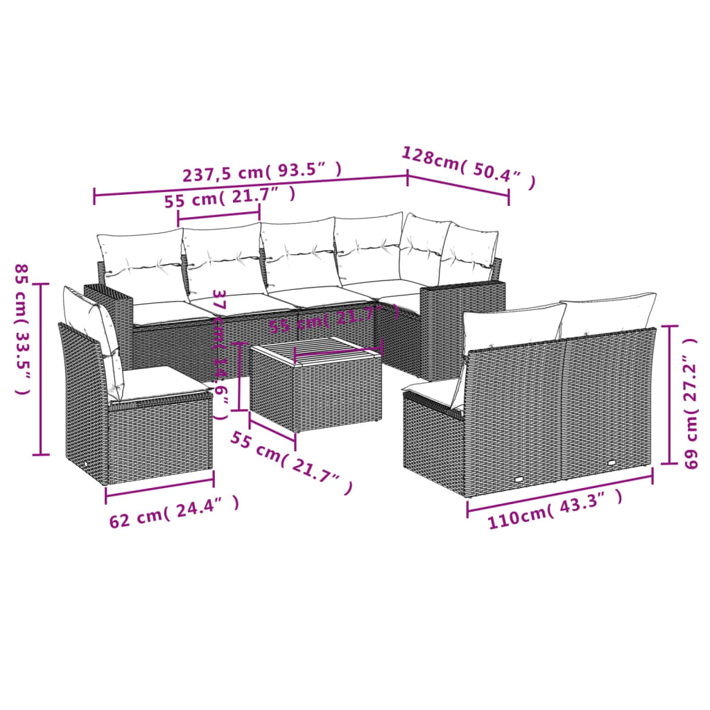 Set Divani da Giardino 9 pz con Cuscini Nero in Polyrattan 3224158