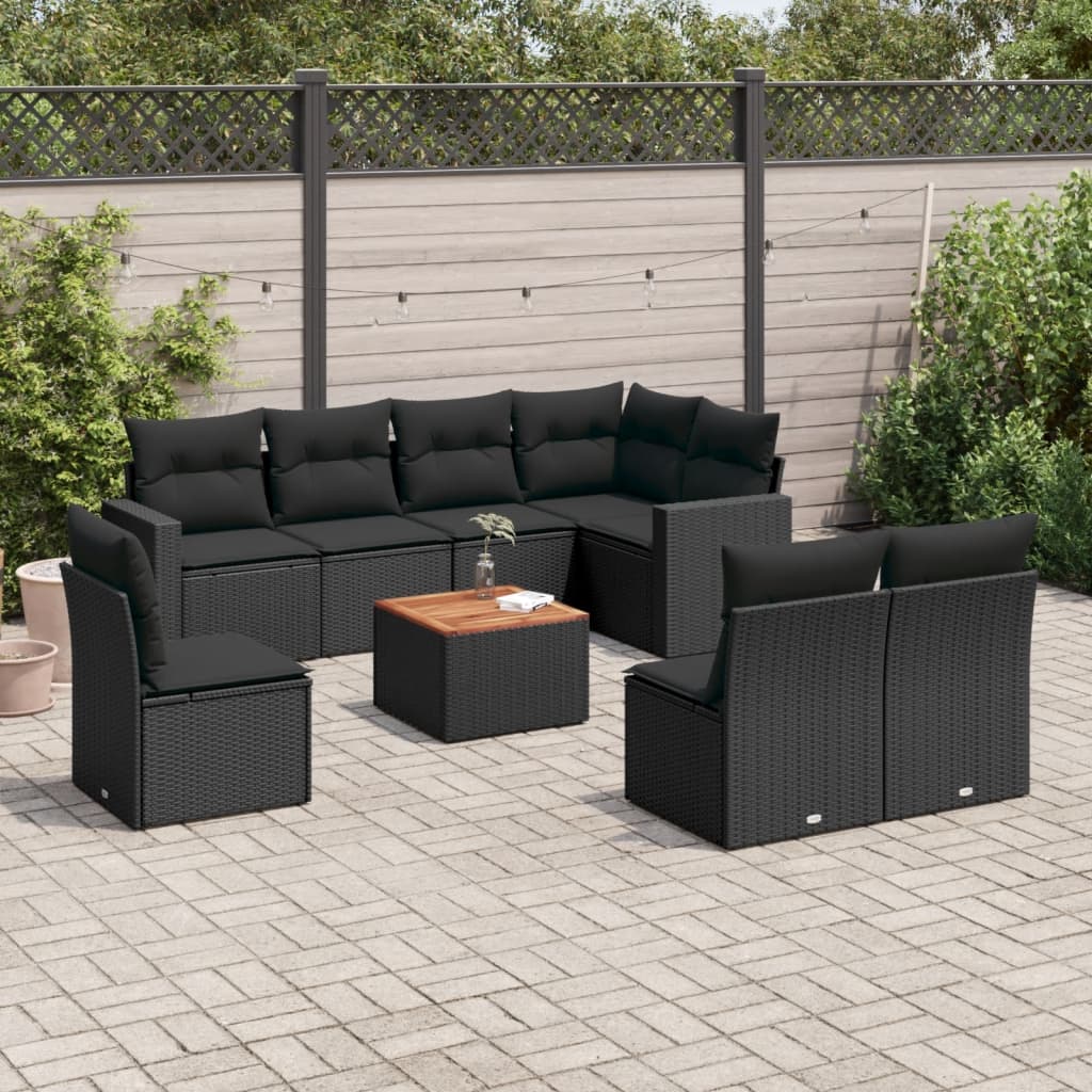 Set Divani da Giardino 9 pz con Cuscini Nero in Polyrattan 3224158