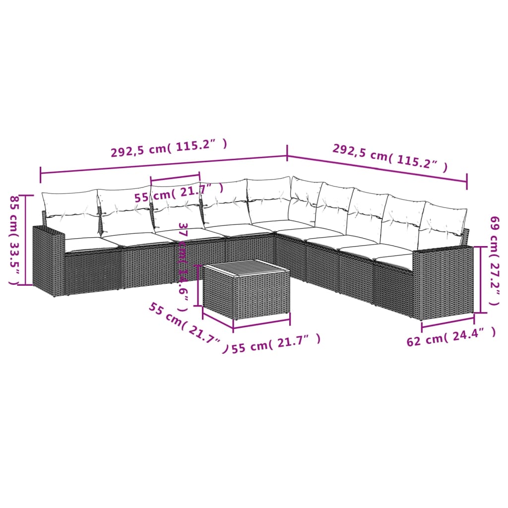 Set Divani da Giardino 10pz con Cuscini in Polyrattan Nerocod mxl 111659