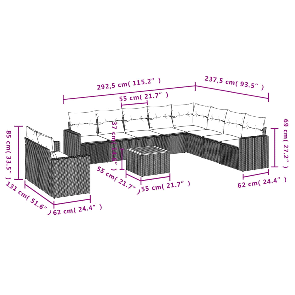 Set Divani da Giardino 11 pz con Cuscini in Polyrattan Nero 3224193