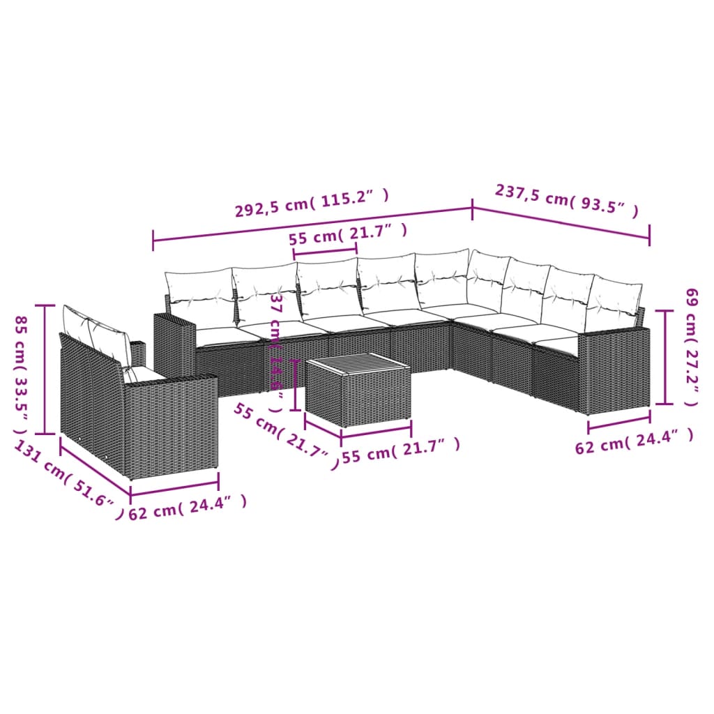 Set Divani da Giardino 11 pz con Cuscini in Polyrattan Nero 3224194