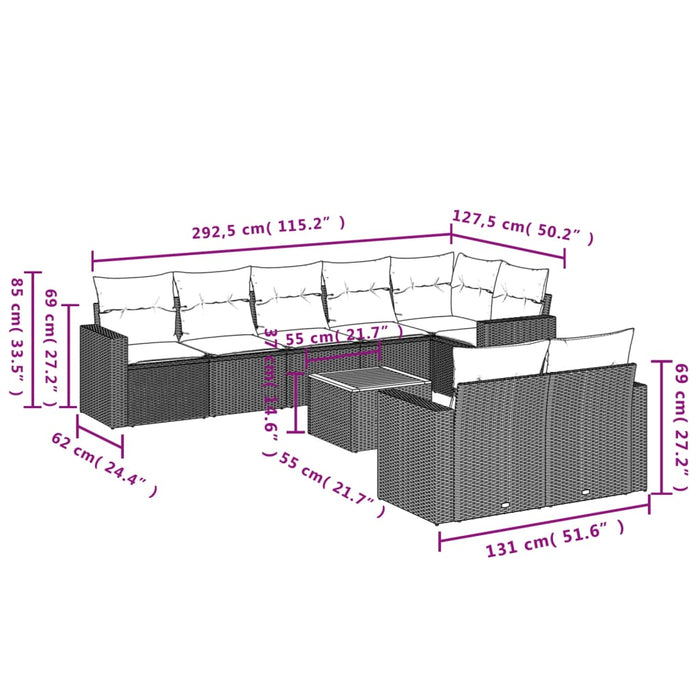 Set Divani da Giardino 9 pz con Cuscini Nero in Polyrattan 3224207