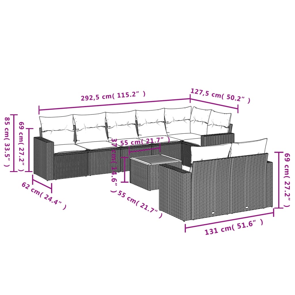 Set Divano da Giardino 9 pz con Cuscini Grigio in Polyrattan 3224212