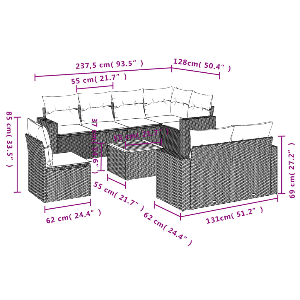 Set Divano da Giardino 9 pz con Cuscini Beige in Polyrattan 3224217