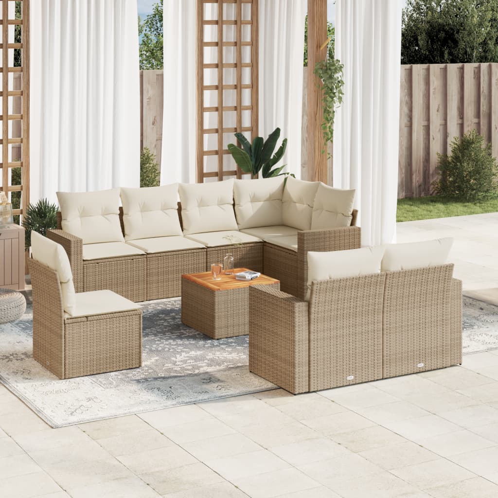 Set Divano da Giardino 9 pz con Cuscini Beige in Polyrattan 3224217