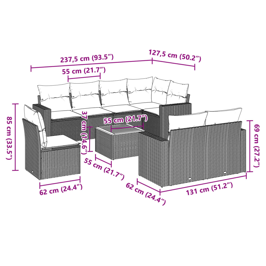 Set Divano da Giardino 9 pz con Cuscini Grigio in Polyrattan 3224219