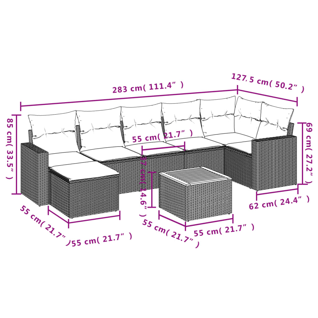 Set Divano da Giardino 8 pz con Cuscini Beige in Polyrattan 3224232