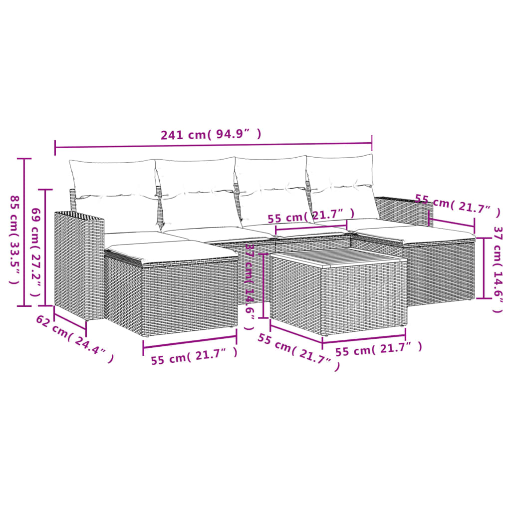 Set Divani da Giardino 7 pz con Cuscini Grigio in Polyrattan 3224247