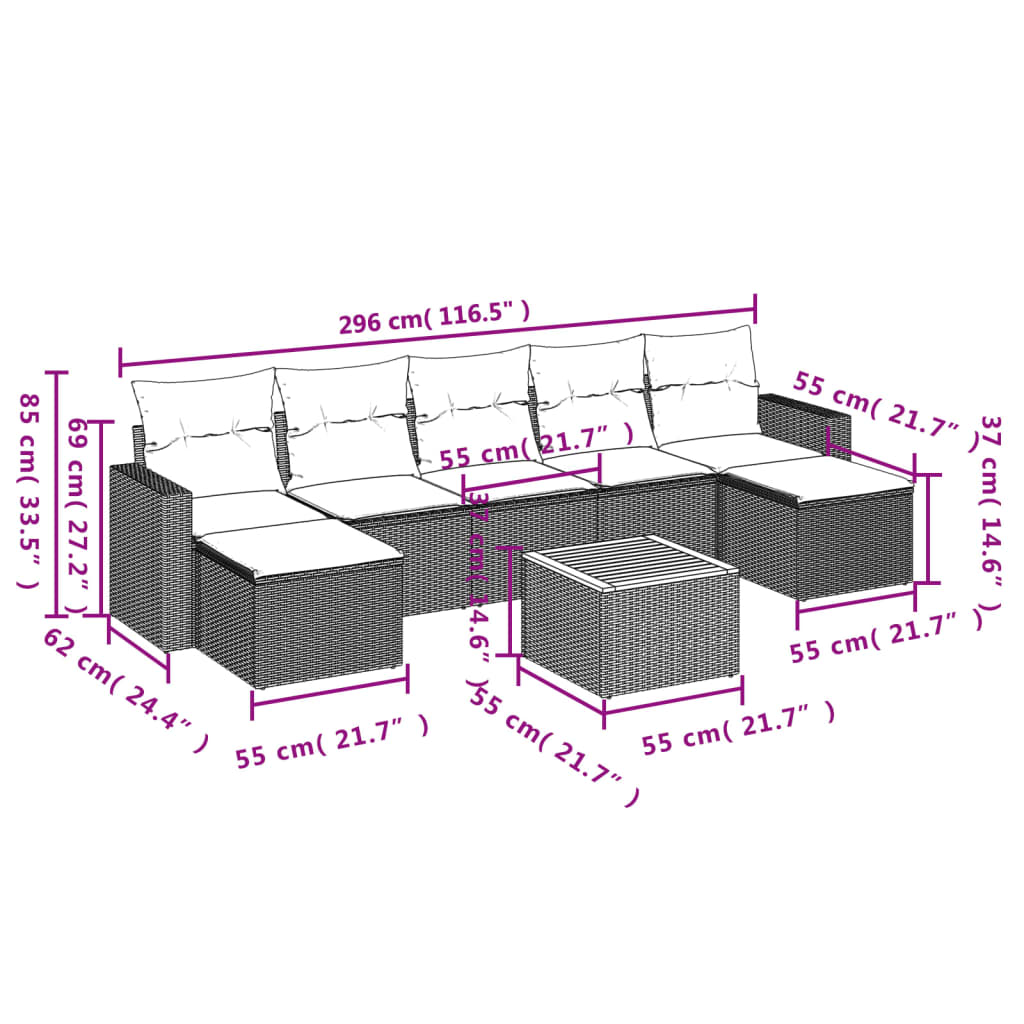 Set Divano da Giardino 8 pz con Cuscini Grigio in Polyrattan 3224254