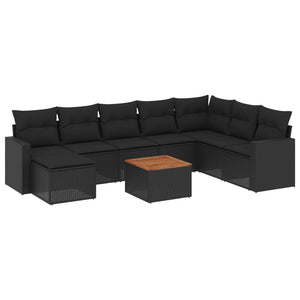 Set Divani da Giardino 9 pz con Cuscini Nero in Polyrattan 3224256