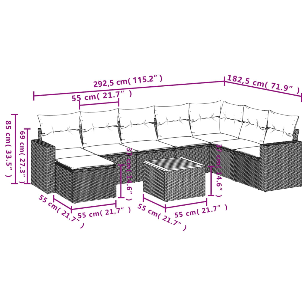 Set Divani da Giardino 9 pz con Cuscini Nero in Polyrattan 3224257