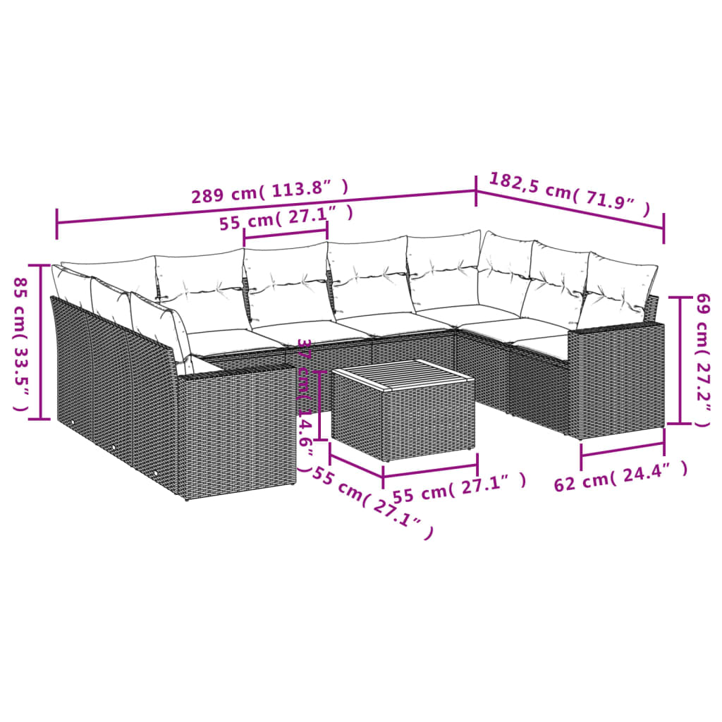 Set Divano da Giardino 10 pz con Cuscini Grigio in Polyrattan 3224268