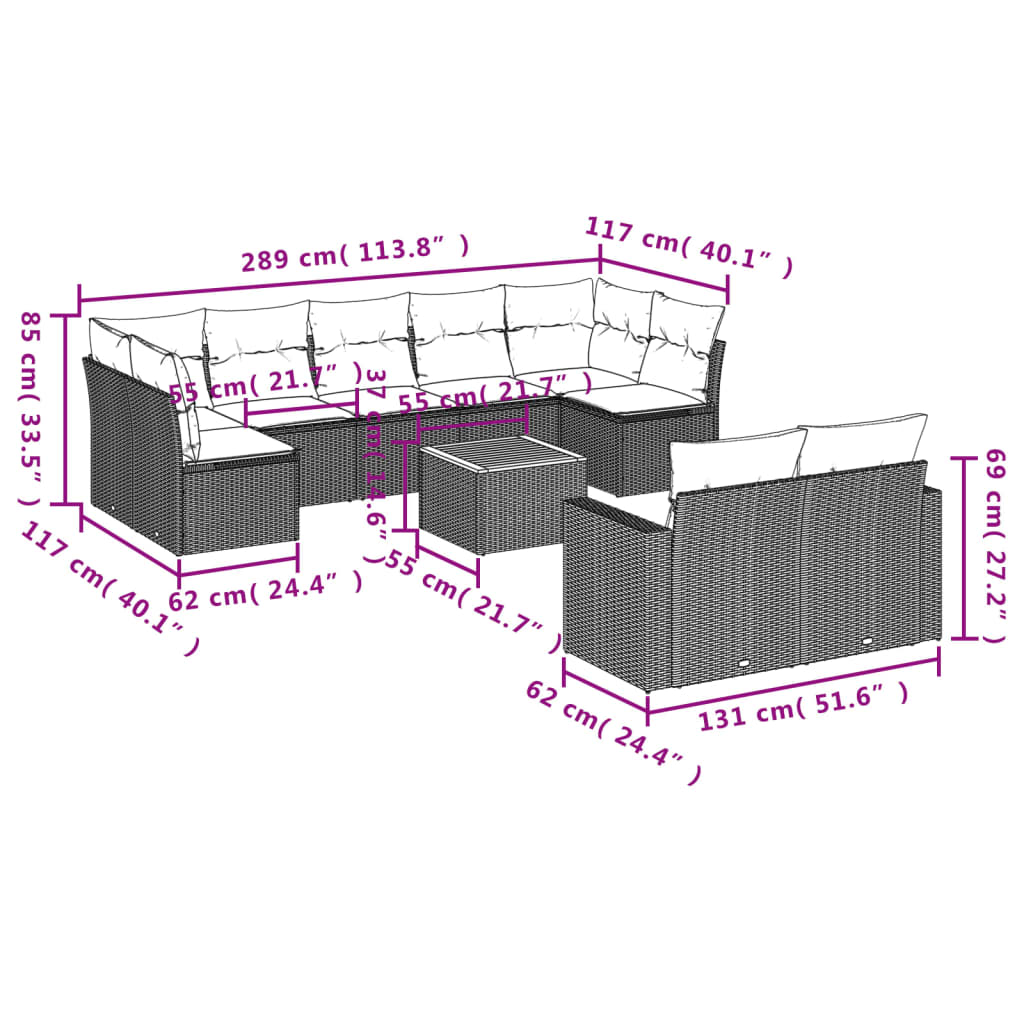 Set Divani da Giardino 10pz con Cuscini in Polyrattan Nero 3224271