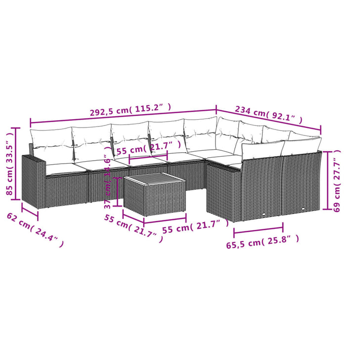 Set Divani da Giardino 10pz con Cuscini in Polyrattan Nero 3224278