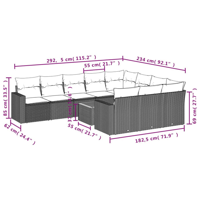 Set Divani da Giardino 11 pz con Cuscini in Polyrattan Grigio 3224303