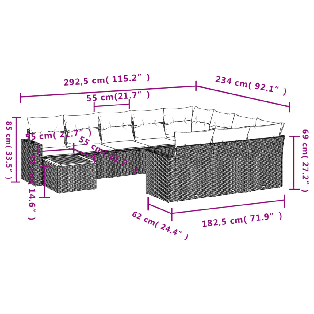 Set Divani da Giardino 11 pz con Cuscini in Polyrattan Nero 3224305