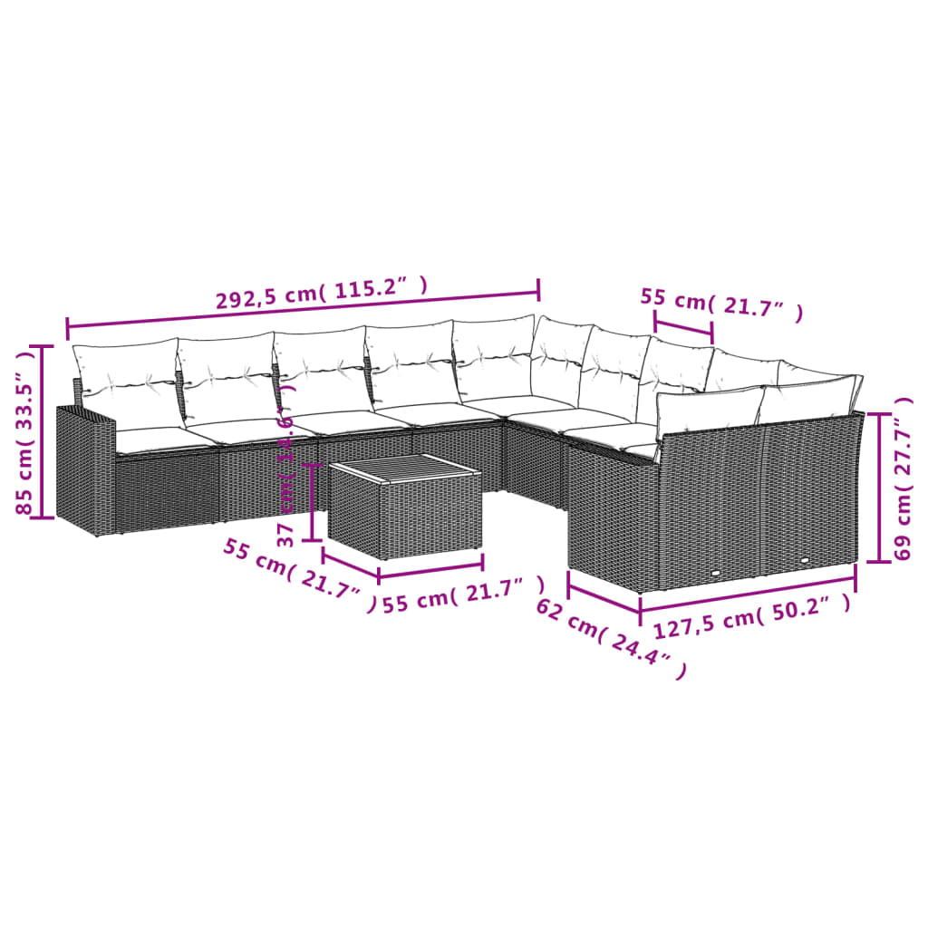 Set Divani da Giardino 11 pz con Cuscini in Polyrattan Nero 3224312