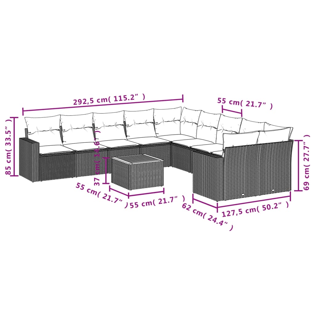 Set Divani da Giardino 11 pz con Cuscini Beige in Polyrattan 3224315