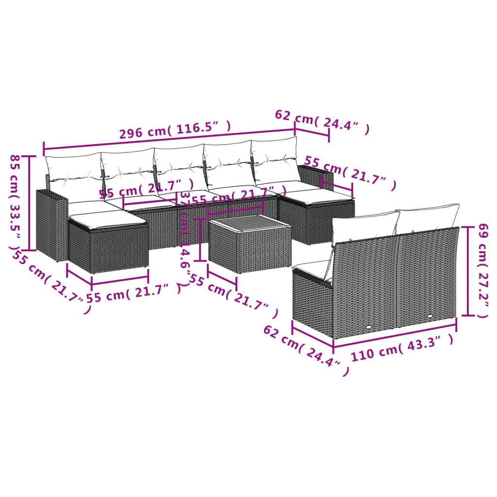 Set Divano da Giardino 10 pz con Cuscini Grigio in Polyrattan 3224324