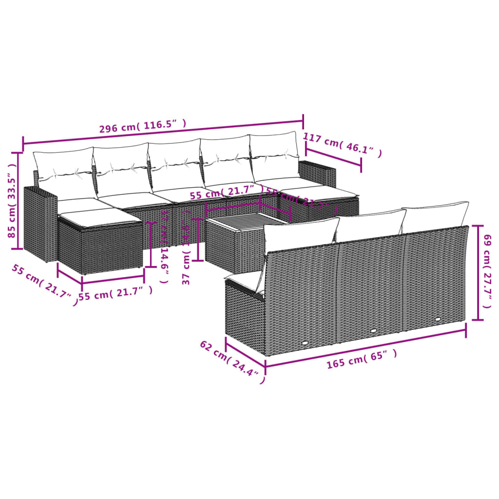 Set Divani da Giardino 11 pz con Cuscini in Polyrattan Nero 3224327