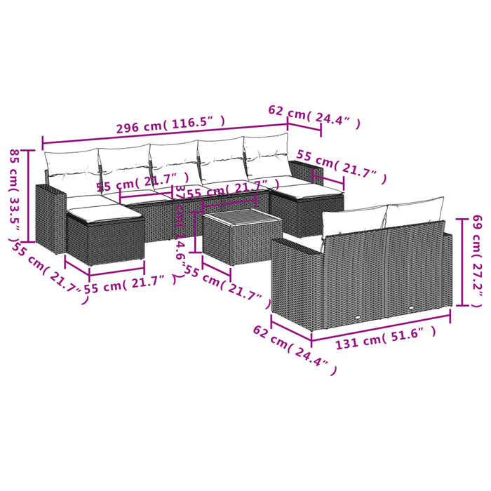 Set Divano da Giardino 10 pz con Cuscini Grigio in Polyrattan 3224338