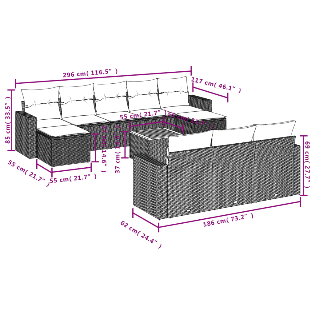 Set Divani da Giardino 11 pz con Cuscini in Polyrattan Nero 3224341