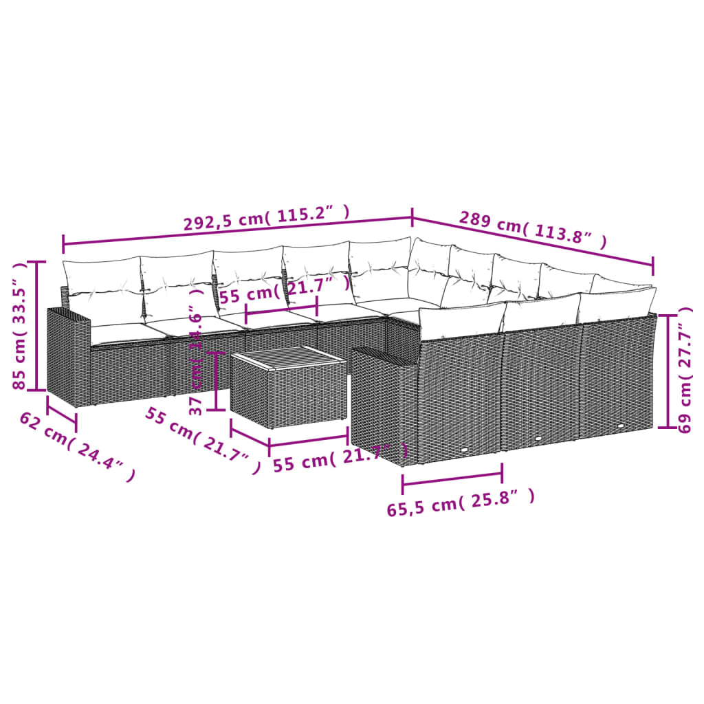 Set Divani da Giardino 12 pz con Cuscini Nero in Polyrattan 3224347