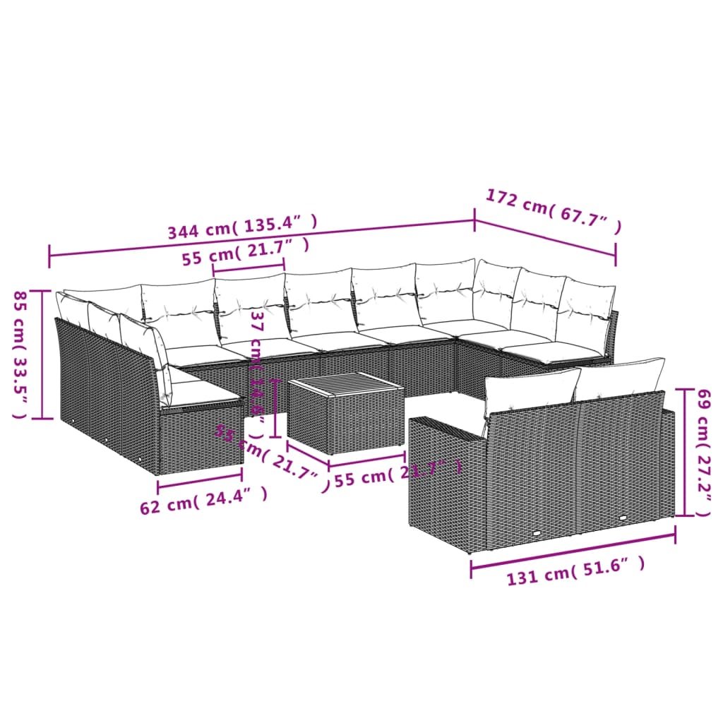 Set Divani da Giardino 13pz con Cuscini Nero in Polyrattan 3224355