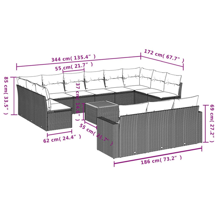 Set Divani da Giardino 14pz con Cuscini in Polyrattan Grigiocod mxl 112062