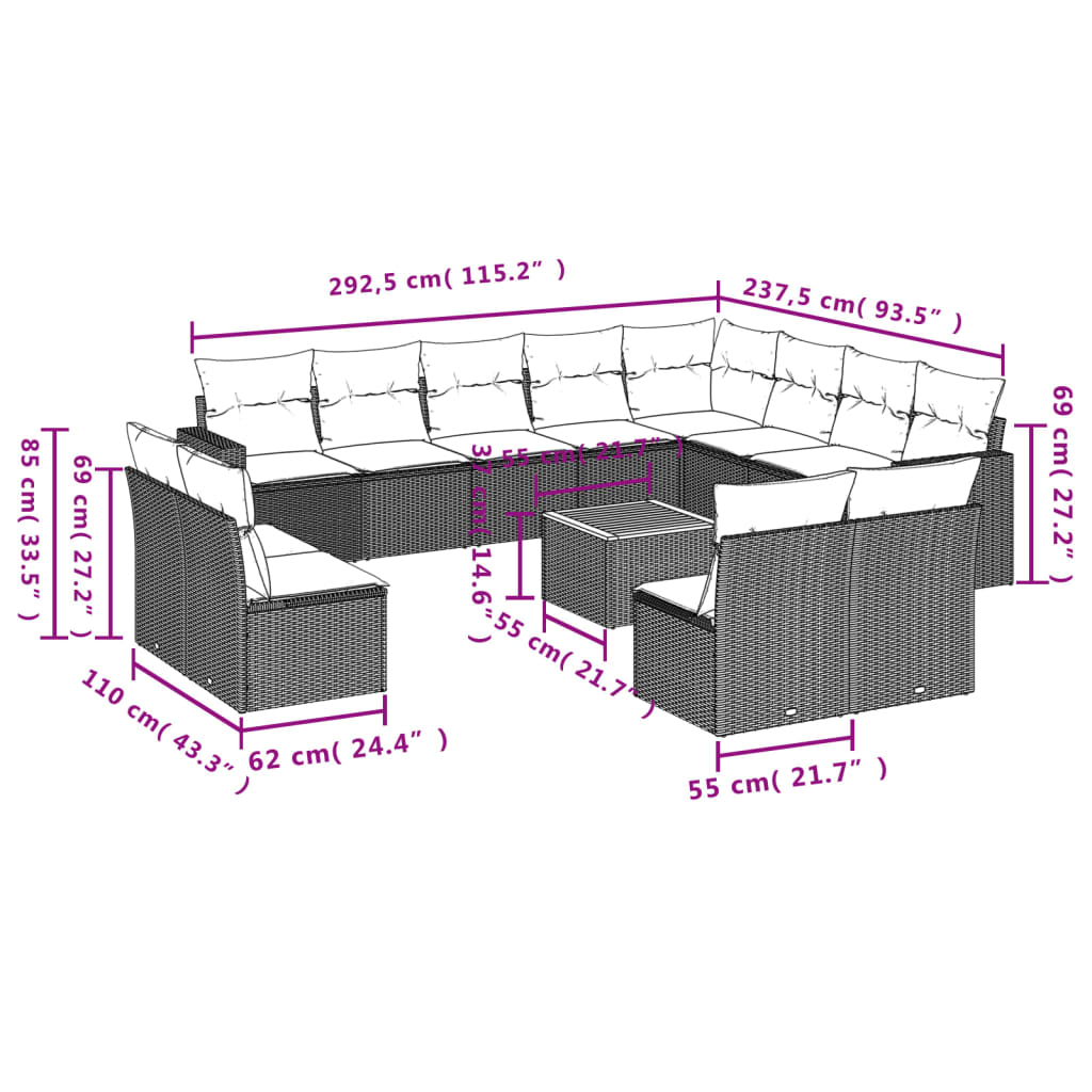 Set Divani da Giardino 13pz con Cuscini Nero in Polyrattan 3224368