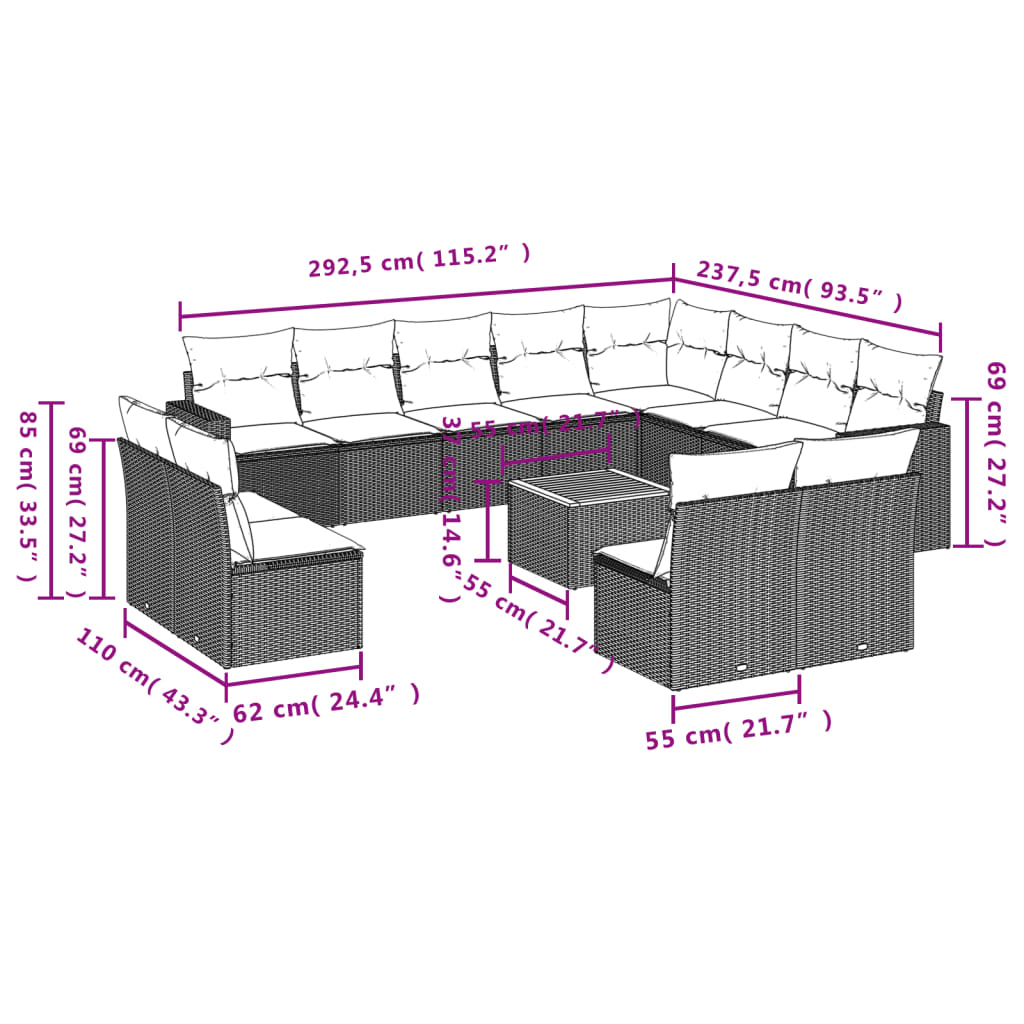 Set Divani da Giardino 13pz con Cuscini Nero in Polyrattan 3224369