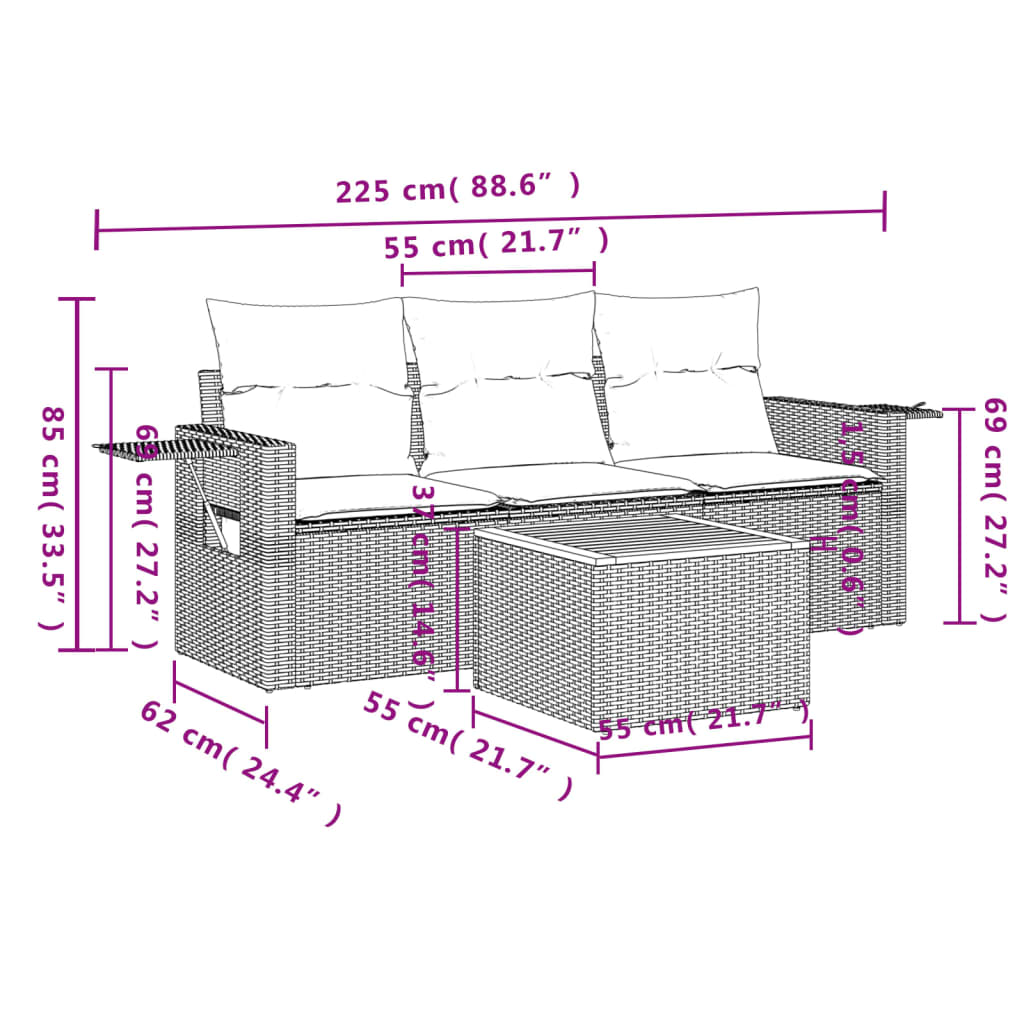 Set Divani da Giardino 4 pz con Cuscini in Polyrattan Grigio 3224436