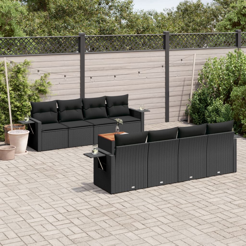 Set Divani da Giardino 9 pz con Cuscini Nero in Polyrattan 3224480