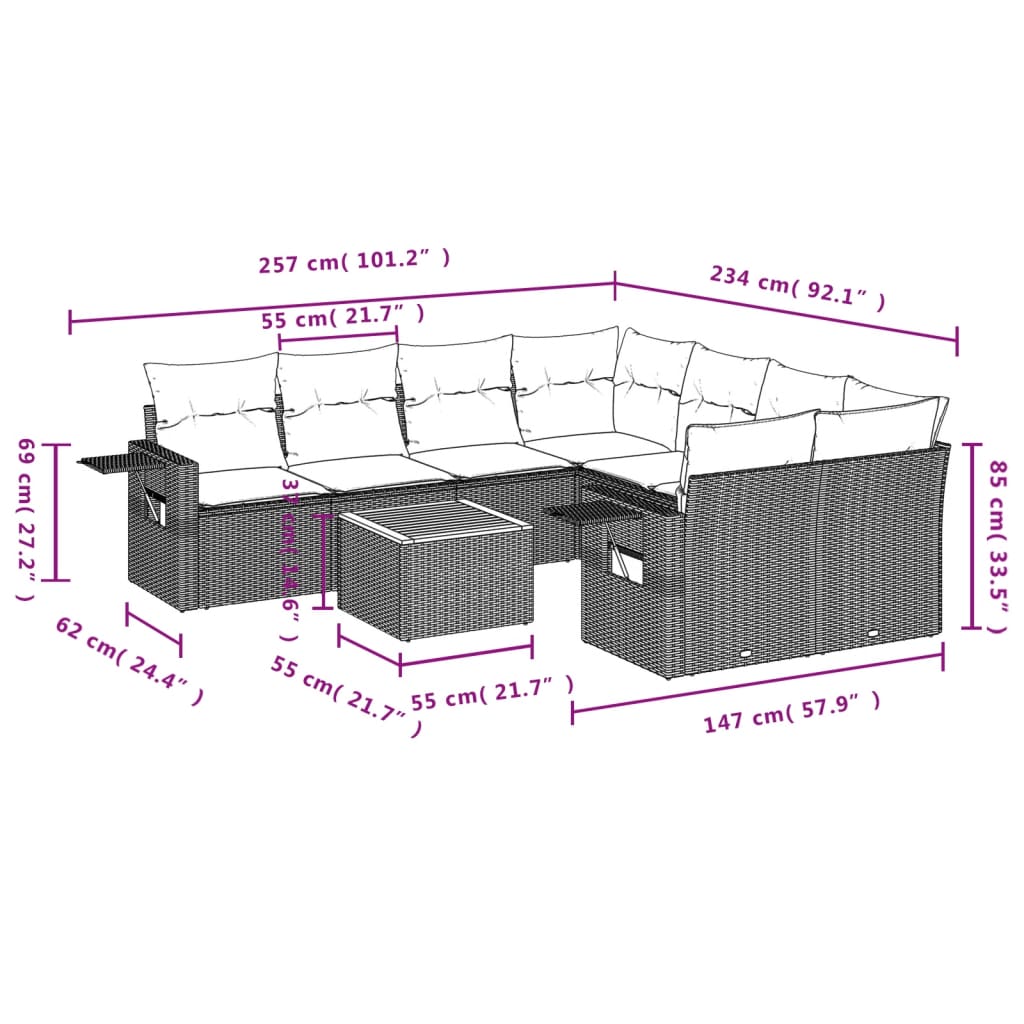 Set Divani da Giardino 9 pz con Cuscini Nero in Polyrattan 3224487