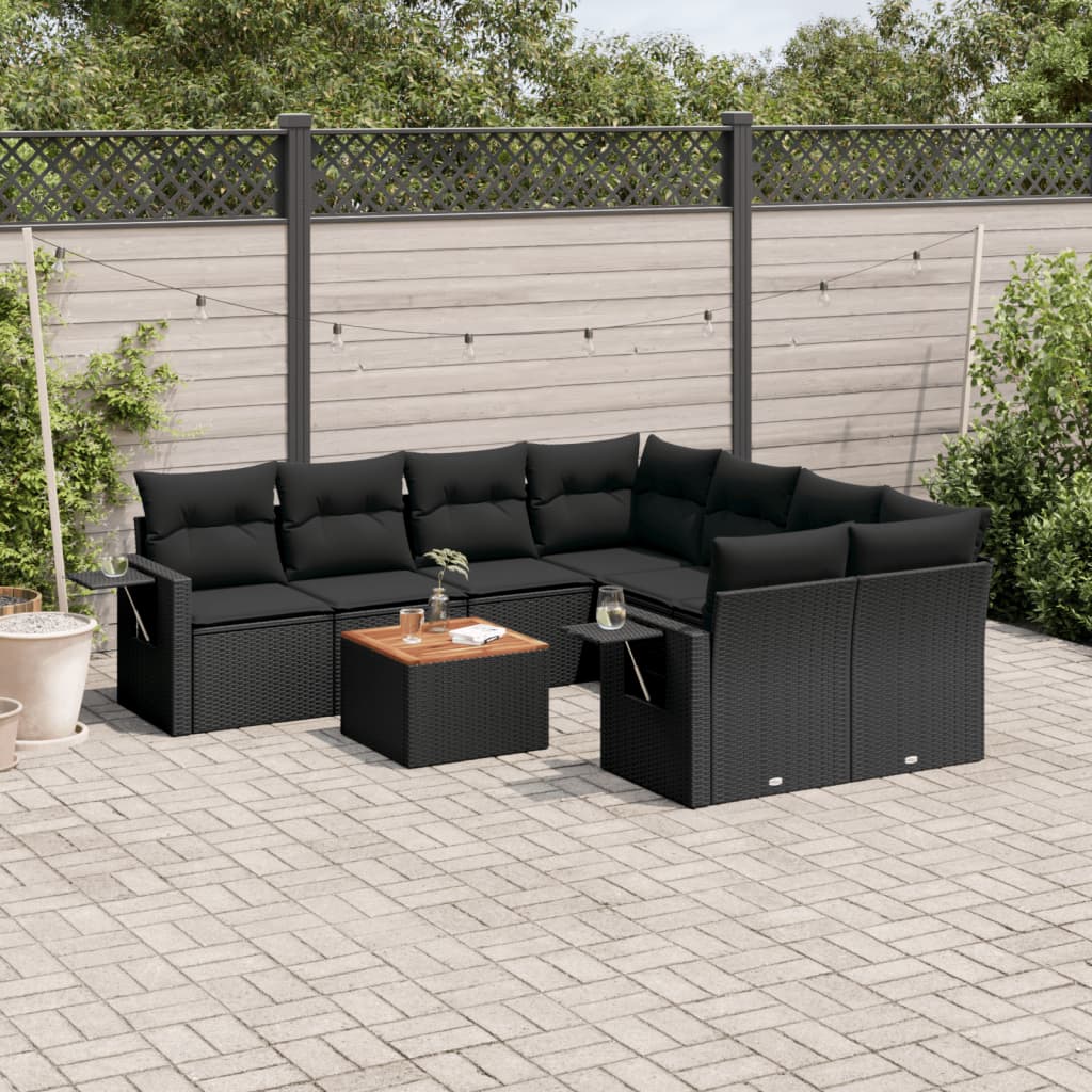 Set Divani da Giardino 9 pz con Cuscini Nero in Polyrattan 3224487