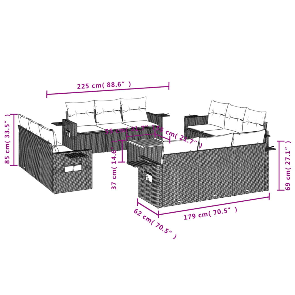 Set Divani da Giardino 13 pz con Cuscini Grigio in Polyrattan 3224499