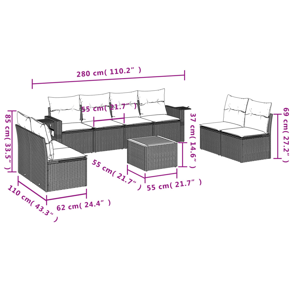 Set Divani da Giardino 9 pz con Cuscini Nero in Polyrattan 3224522