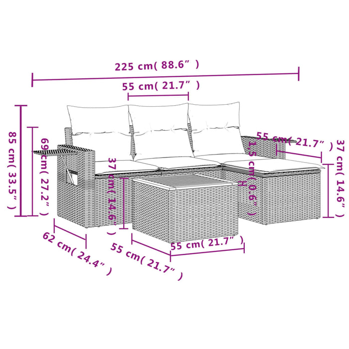 Set Divano da Giardino 5 pz con Cuscini Grigio in Polyrattan 3224534