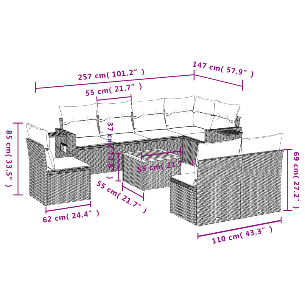 Set Divano da Giardino 9 pz con Cuscini Beige in Polyrattan 3224602