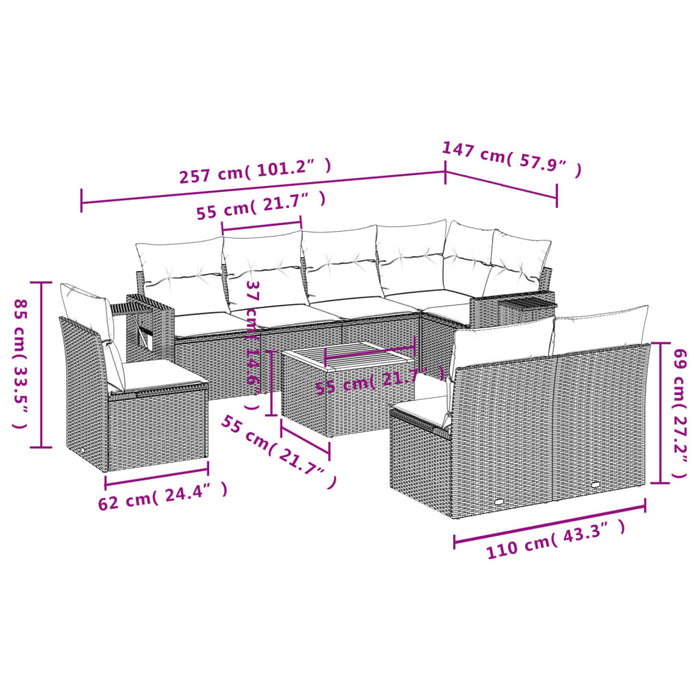 Set Divano da Giardino 9 pz con Cuscini Beige in Polyrattan 3224602