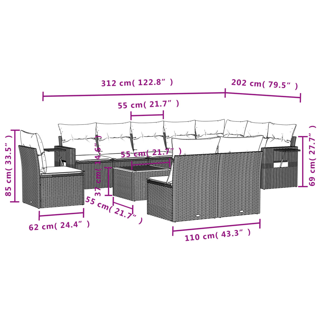 Set Divani da Giardino 11 pz con Cuscini in Polyrattan Nero 3224614